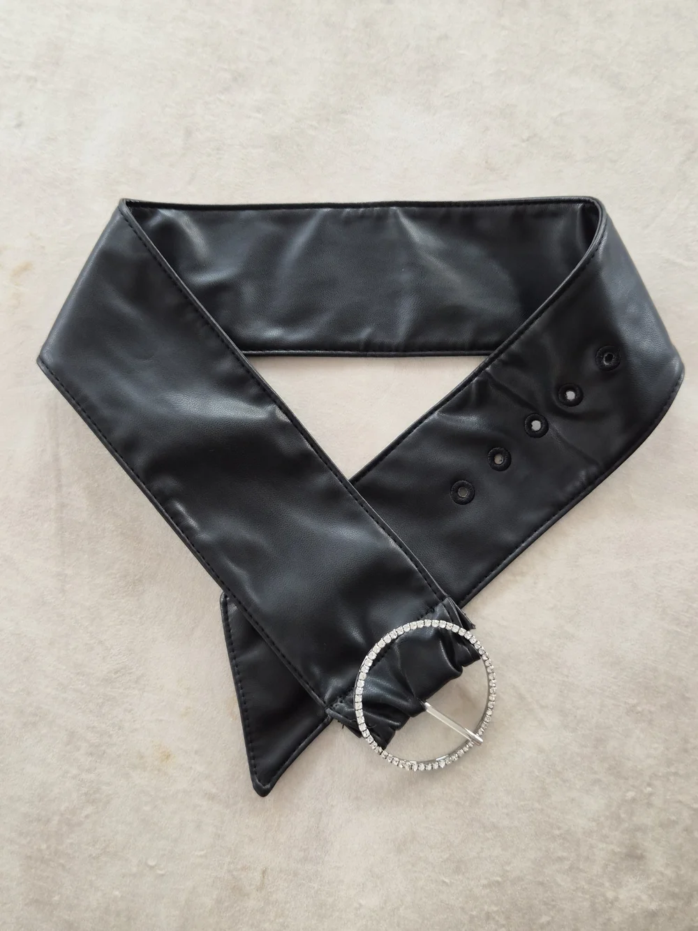 Black Faux Leather Wide Statement Belt with Rhinestone Buckle